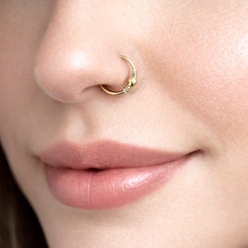 Thin beaded nose ring hoop with coils in 14k gold filled