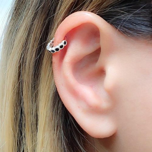 Black CZ helix clicker hoop earring in sterling silver