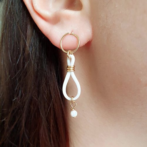 Circle stud earring with colorful rubber band and opal bead in 14k gold filled