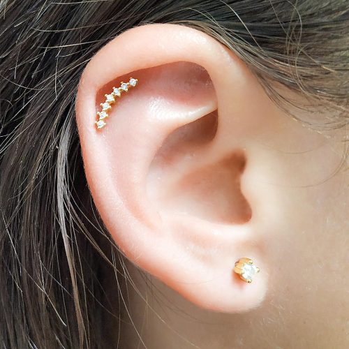 Curved CZ pave helix earring with screw ball back in 14k gold filled