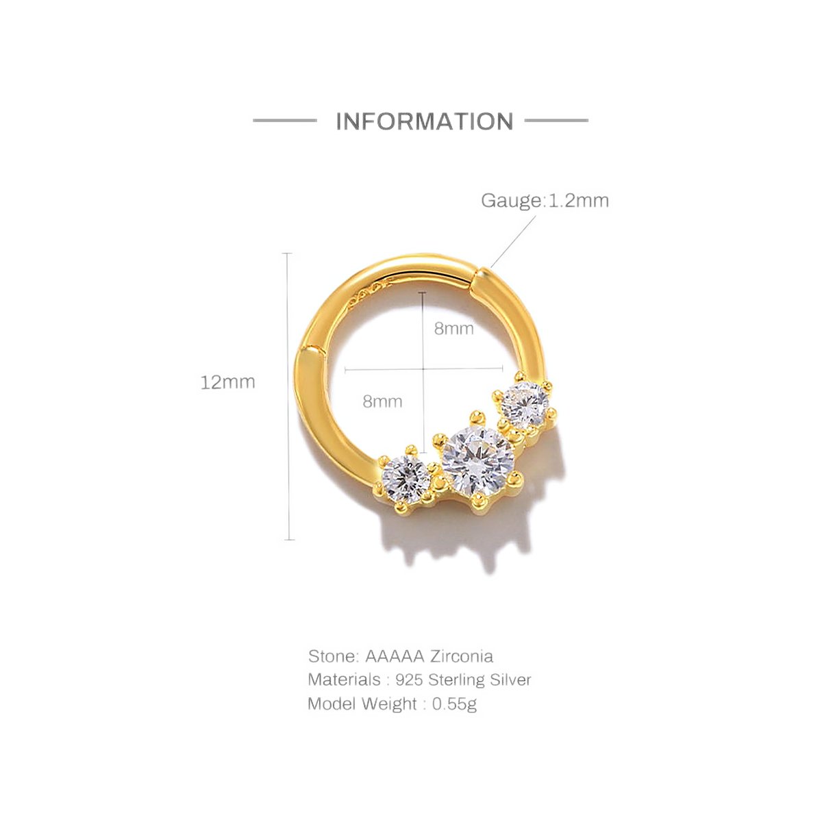 CZ helix clicker ring, 16 gauge, in gold color sterling silver, photo 4
