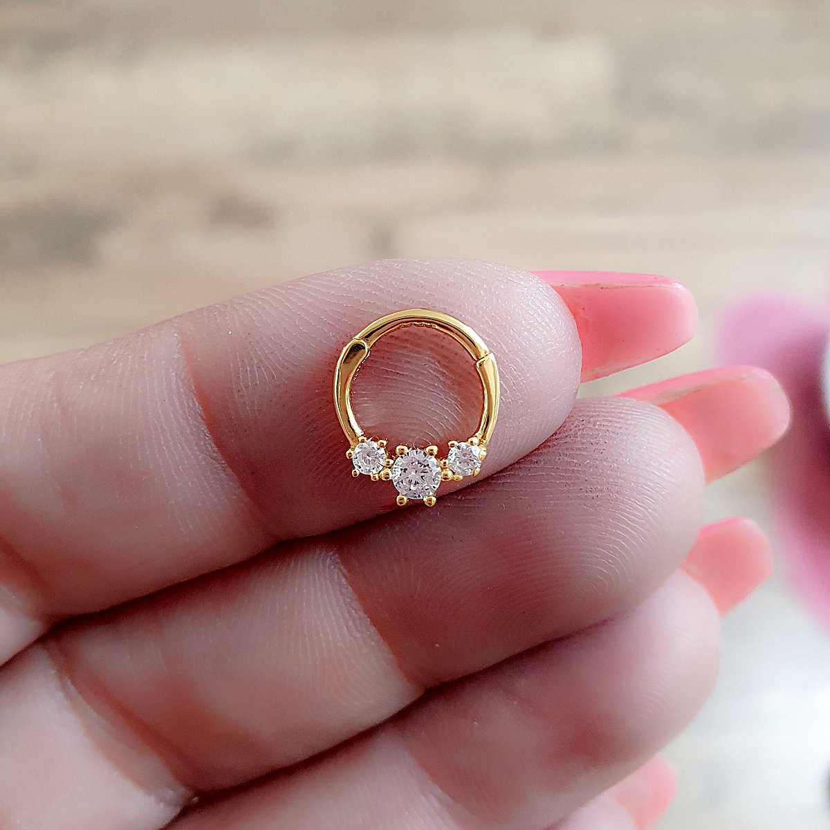 CZ helix clicker ring, 16 gauge, in gold color sterling silver, photo 5