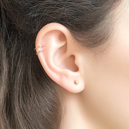 Double hoop helix earring in 14k gold filled, worn in one piercing