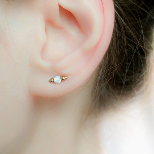 Double piercing opal earring with two posts in 14k gold filled