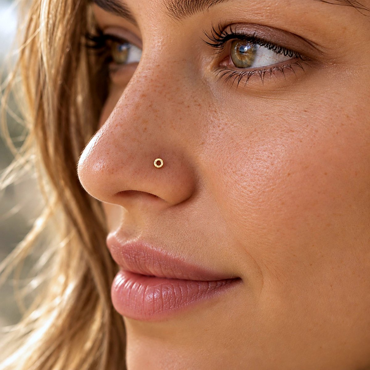 Circle nose stud with hammered finish in 14k gold filled