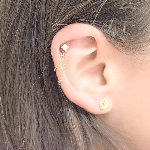 Helix earring double chain with CZ stud in 14k gold filled