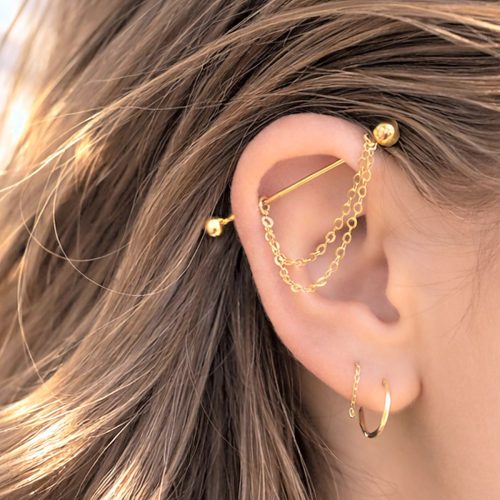 Industrial barbell with removable chain in 14k gold filled