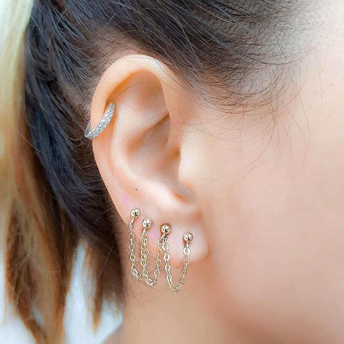 Chain stud earring for multiple piercings in 14k gold filled