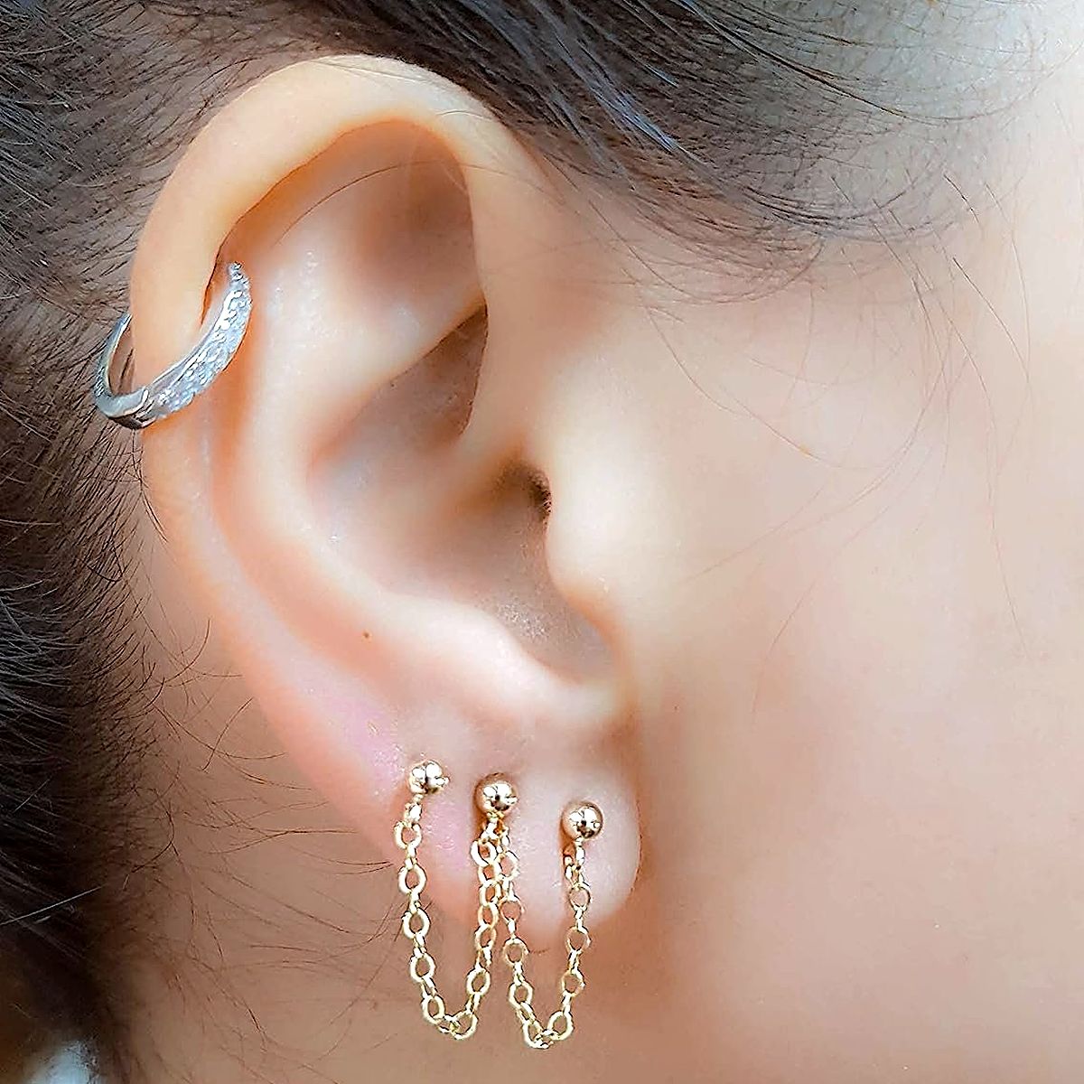 Chain stud earring for multiple piercings in 14k gold filled, photo 2