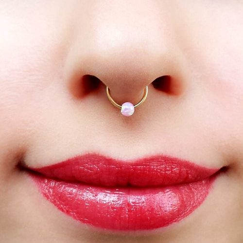 Fake septum ring with pink opal bead in 14k gold filled