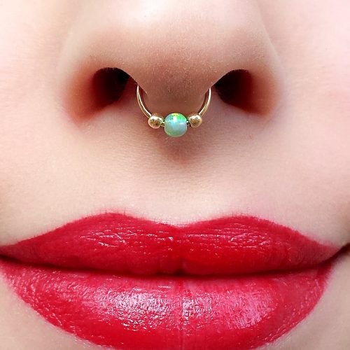 Opal septum ring with two tiny beads in 14k gold filled