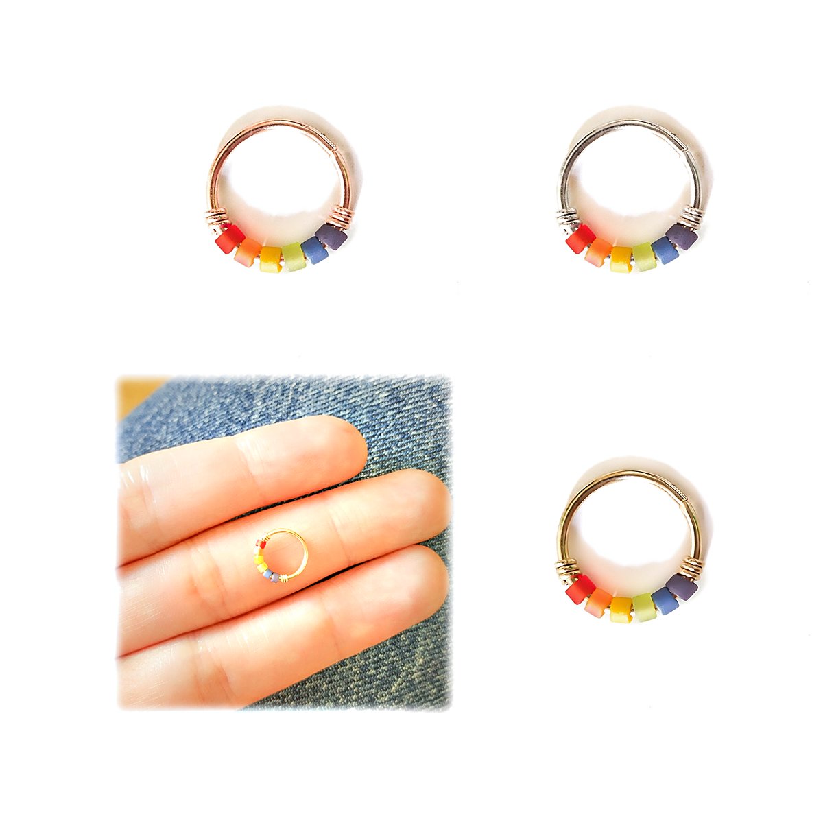 Rainbow beaded helix hoop in 14k gold filled, photo 8