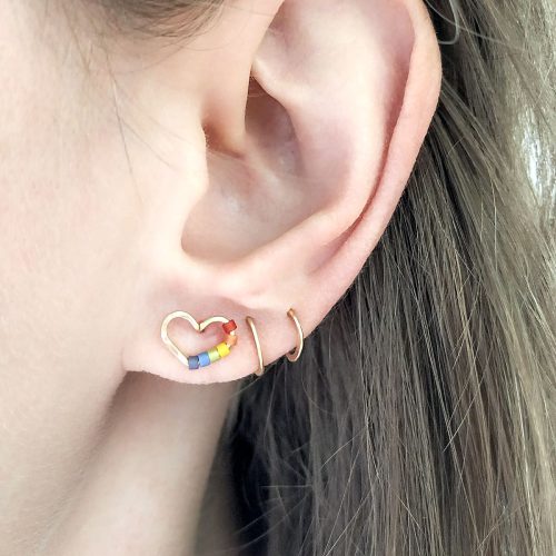 Rainbow beaded heart stud earrings in 14k gold filled