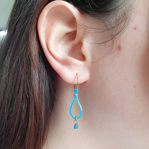 Elastic band dangle hoop earrings with opal bead in 14k gold filled