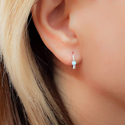 Small opal hoop earrings in sterling silver with a white opal bead