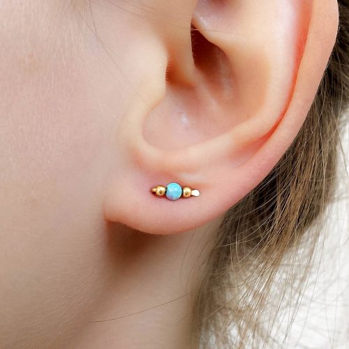 Tiny opal ear climber stud earring in 14k gold filled