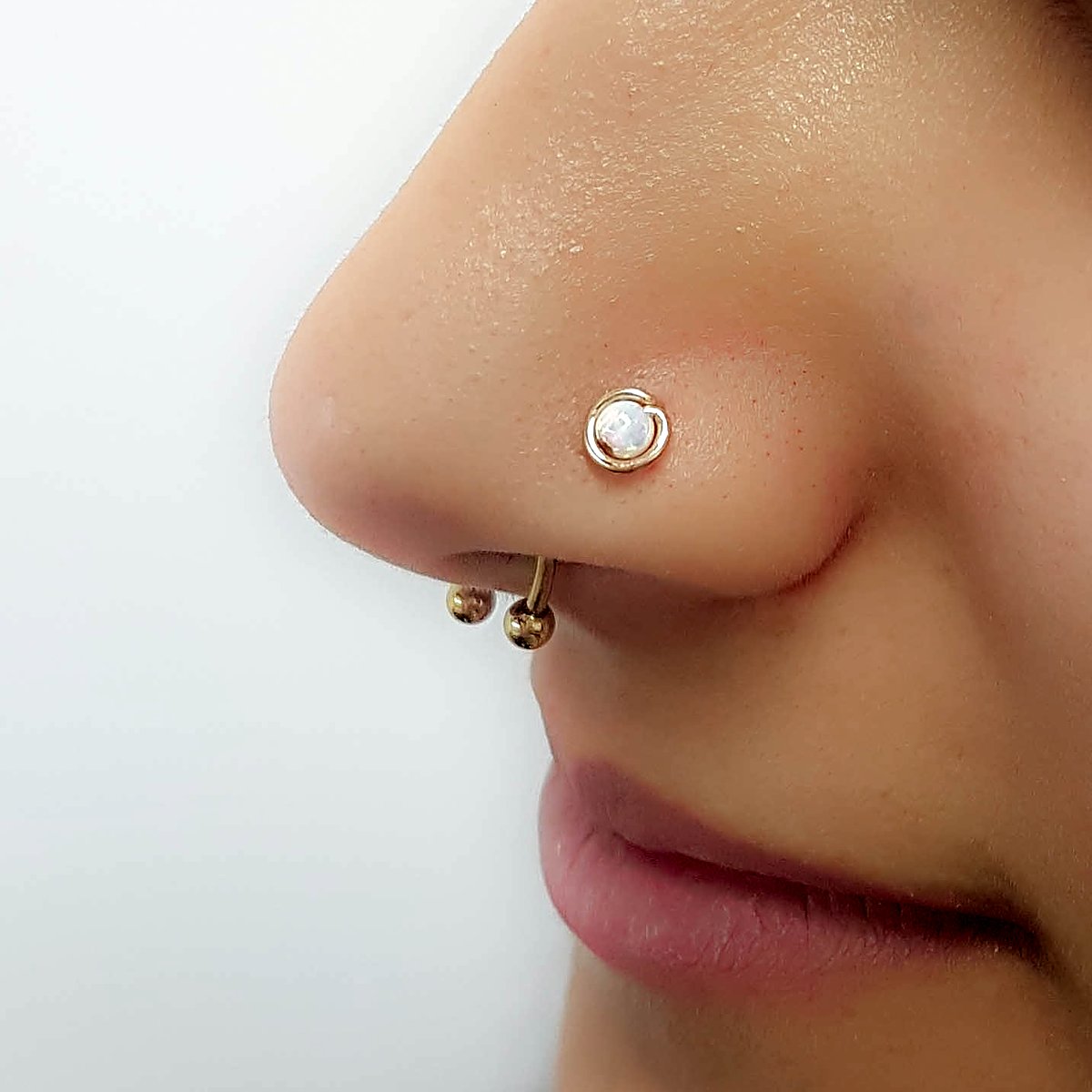 Tiny wrapped opal L shape nose stud in 14k gold filled