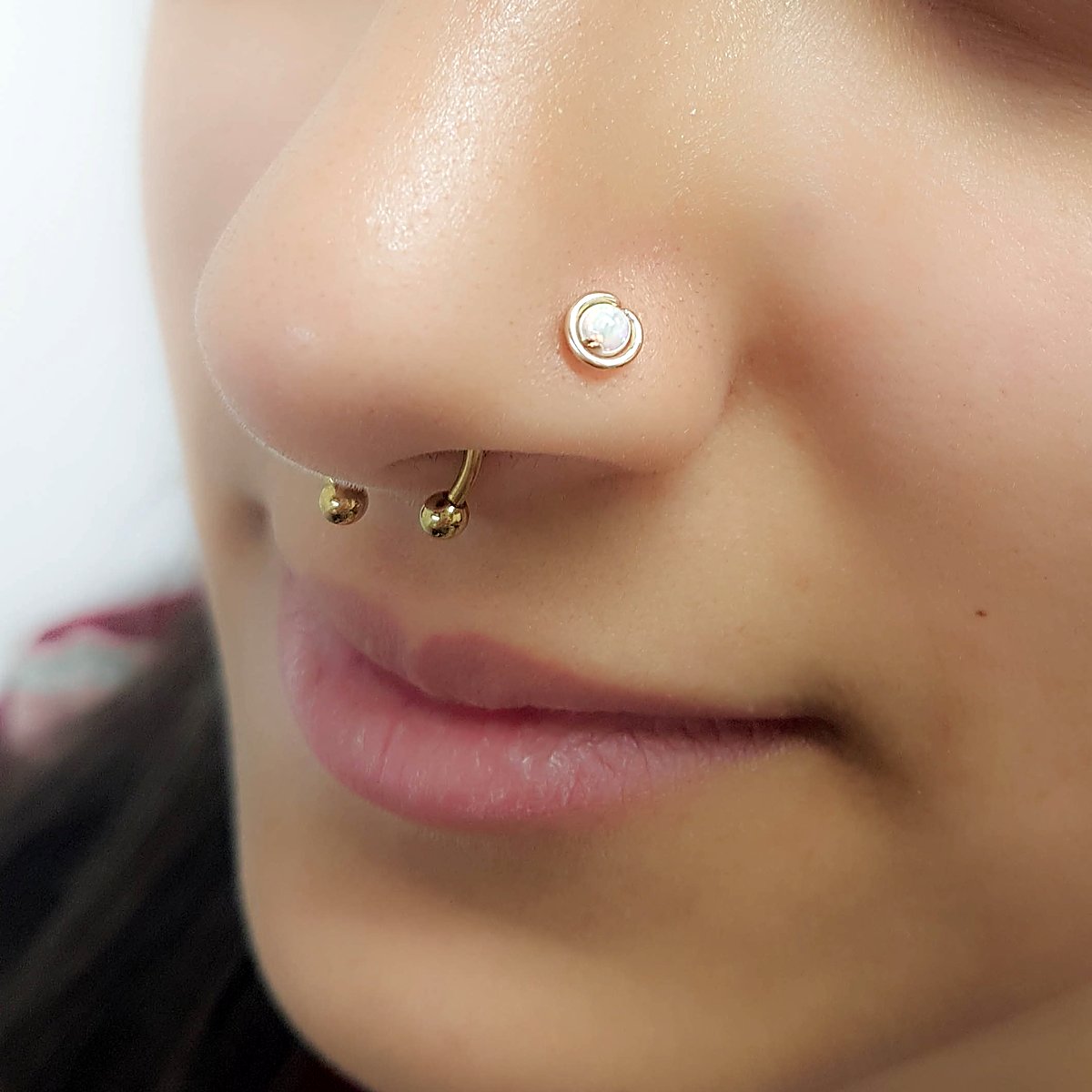 Tiny wrapped opal L shape nose stud in 14k gold filled, photo 2