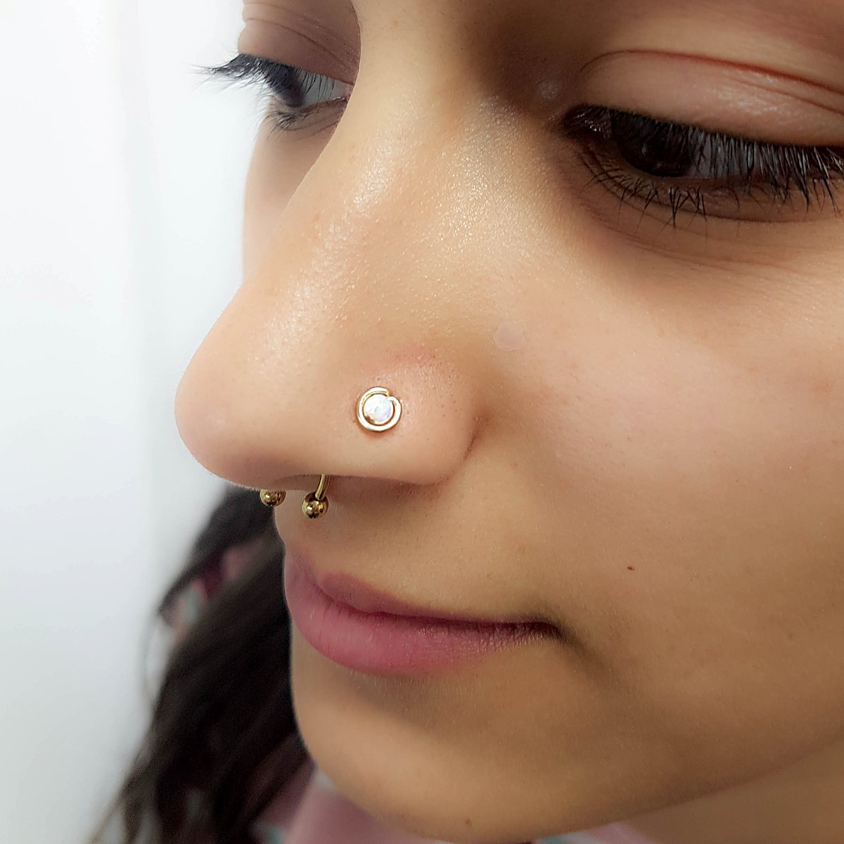 Tiny wrapped opal L shape nose stud in 14k gold filled, photo 3