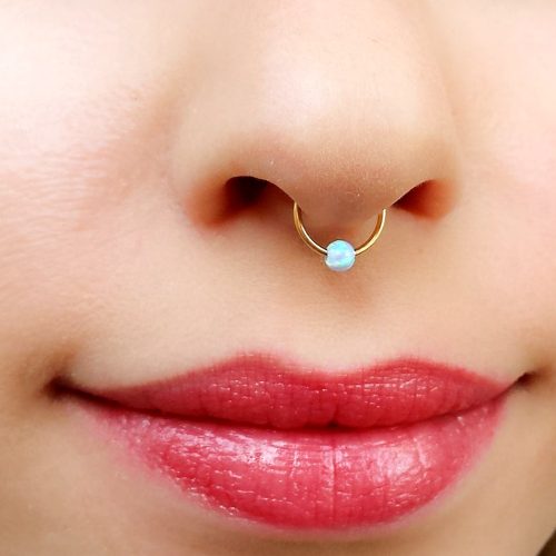 Tiny opal bead septum ring in 14k gold filled