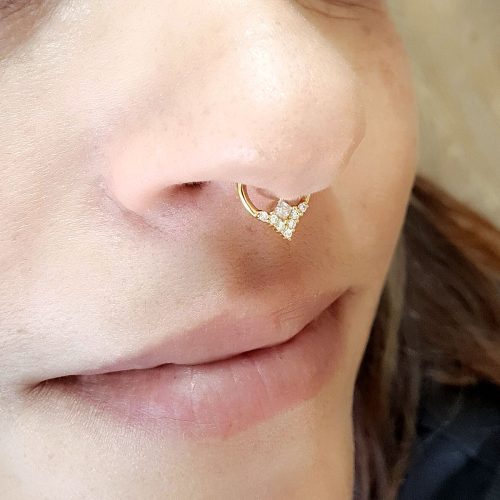 Triangle cubic zirconia septum clicker ring in gold color on sterling silver