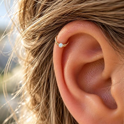 Wire wrapped opal helix hoop in 14k gold filled