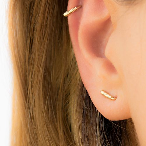Wrapped double piercing staple earring in 14k gold filled